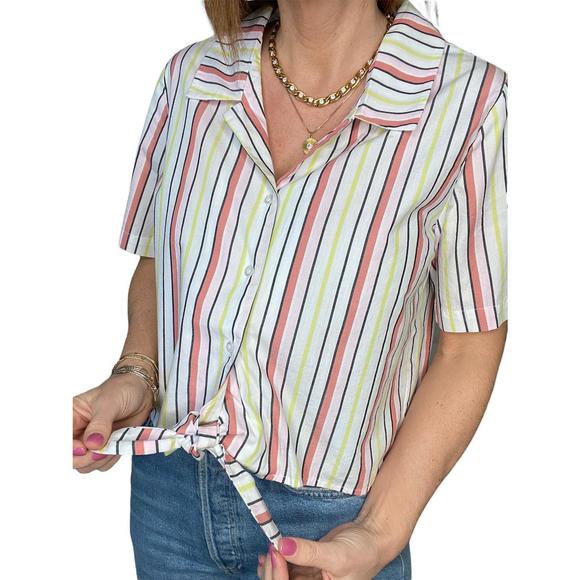 NEW VELVET HEART aquata stripe tie front top in white multi - Picture 4 of 4